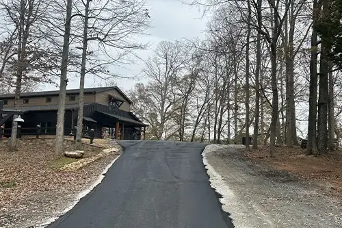 Narrow residential asphalt driveway running through mature trees to a house, freshly paved with a clean gravel shoulder